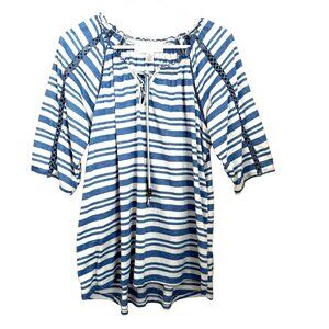 French Laundry Women Blue Striped Peasant Top XL Boho 3/4 Sleeve Coastal Cottage